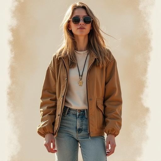 Photography of a model wearing a brown jacket with a light shirt and jeans. Model is outdoors with soft lighting. Casual, modern clothing style for advertisements.