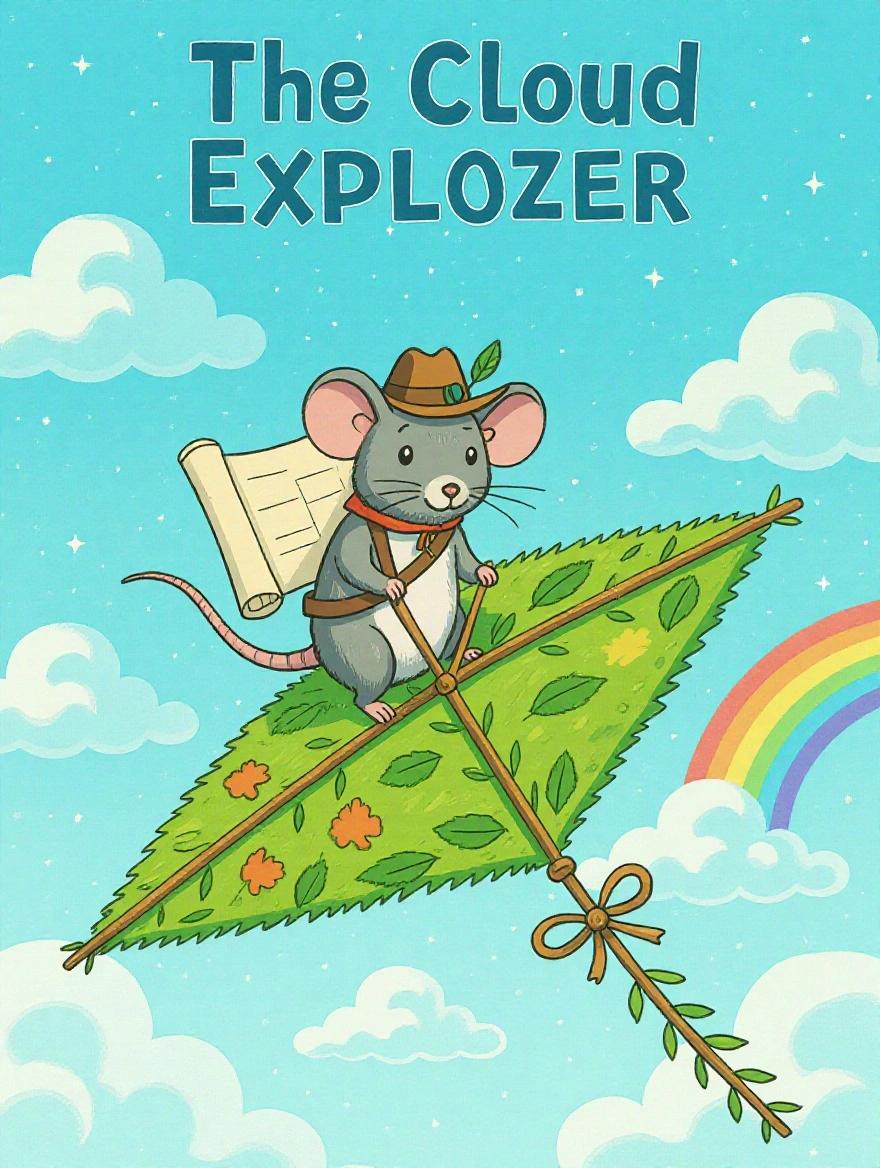 Mouse wearing explorer's hat riding a kite made of leaves and twigs. Kite flying in a blue sky with fluffy clouds and a rainbow in the background.