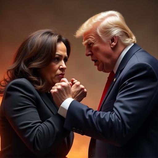 Donald Trump and Kamala Harris engaged in a fist fight. Highly dramatic and vivid imagery. Captures the intensity of their expressions and environment.