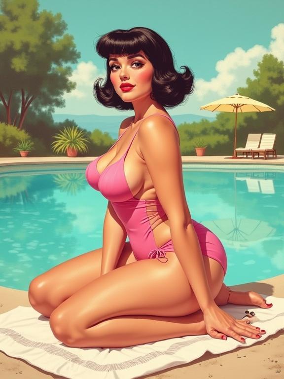 Illustration of a pinup model in a one-piece swimsuit by a pool. She sits on a towel with bare feet. The model has a curvy body and blunt bangs. The scene has pastel colors and a confident ambiance. A sun umbrella and plants are visible in the background.
