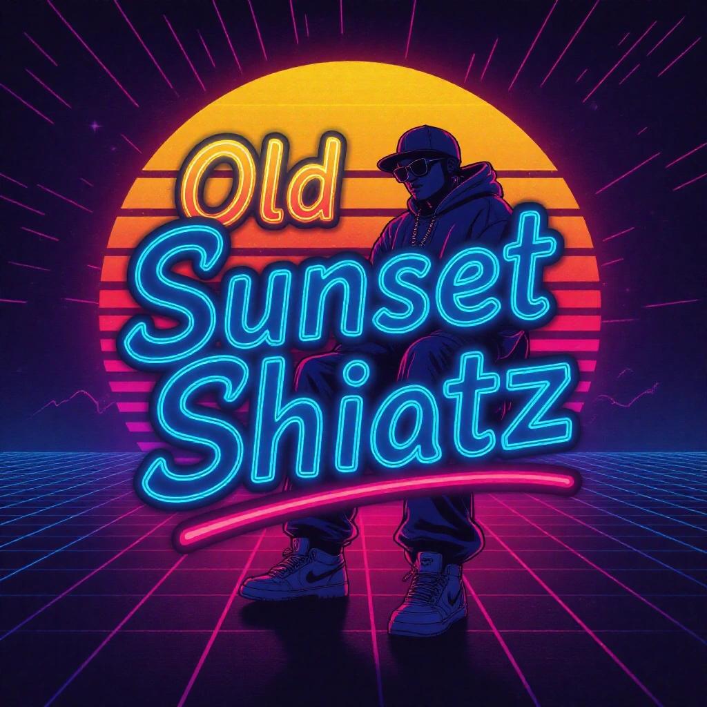 A dark artistic neon tech hip hop album cover. Cool writing with the text Old School Beatz Sunset Shine.