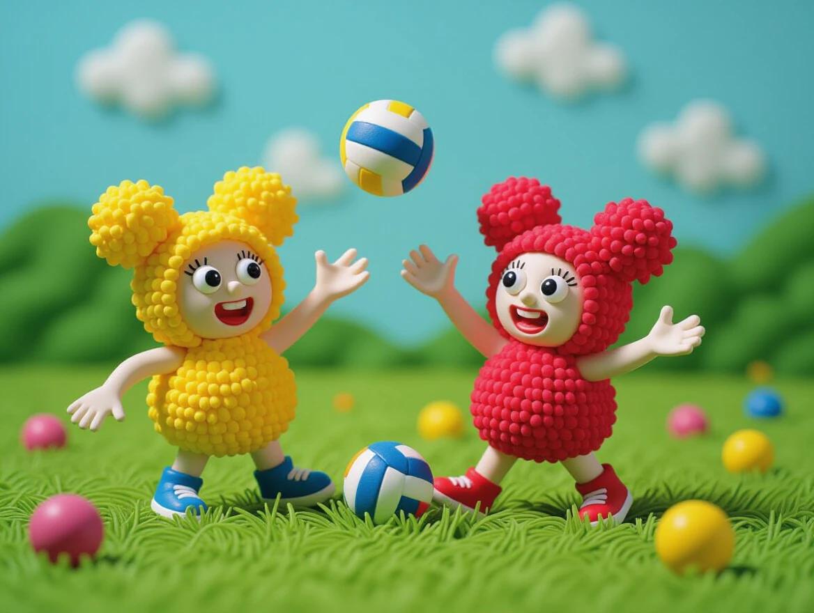 Surreal clay characters made from squishy material. Two characters in yellow and red colors. They are playing volleyball in a grass landscape with a blue sky and fluffy clouds.