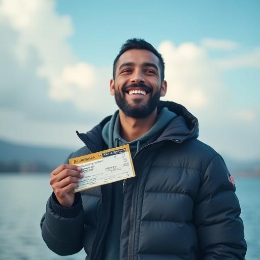 Person holding a travel ticket smiling with calm sky water background and clouds