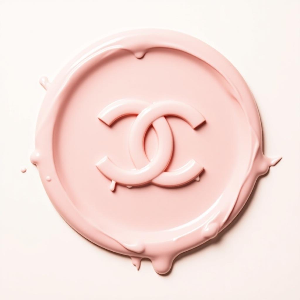 Image features a circular makeup product design. Surface smooth and polished. Color is soft pink. Centered is a stylized CC logo. Surrounding logo are subtle drips, suggesting creamy texture. Aesthetic is elegant and minimalistic, highlighting luxury and style.