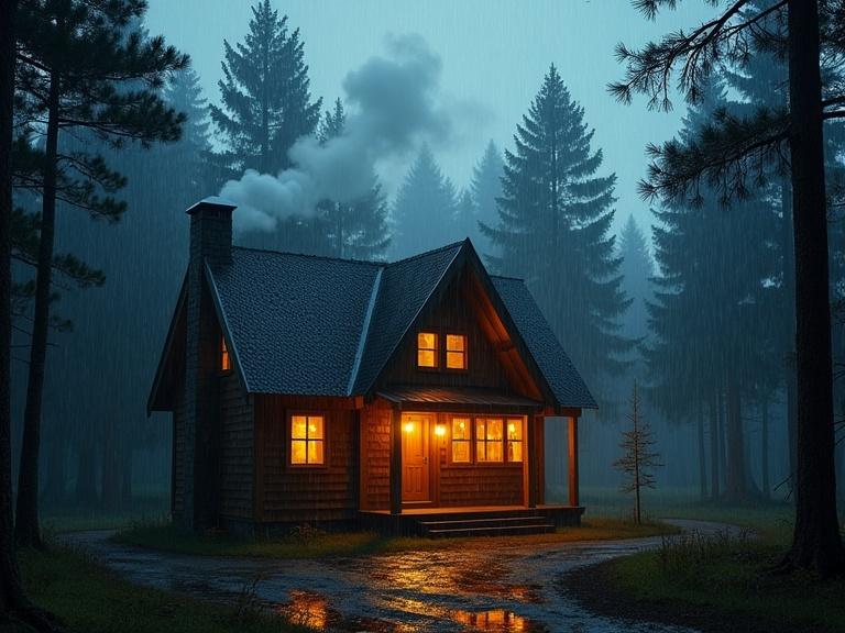 A cozy wooden cabin has warm glowing windows. The cabin is in a dense dark forest during a heavy rainstorm. There is a steep roof with a chimney that has smoke rising into the rainy evening sky. Tall evergreen trees surround the cabin. The wet ground reflects golden light from the windows. The scene appears moody and atmospheric. Soft blue-gray tones from the rain contrast with inviting orange light inside the cabin. The setting feels peaceful remote and slightly mysterious. It evokes a sense of solitude and warmth.