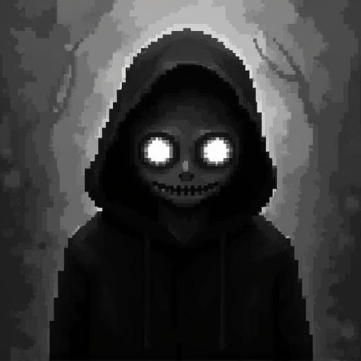 Black and white pixel art depicting dark Wojak character with glowing eyes. The expression is haunting and emotionless. Shadowy features against a misty background. Artwork captures loneliness and horror atmosphere with glitch effects and heavy shadowing.