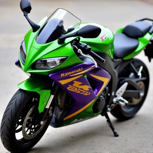 A 2008 Kawasaki Ninja 250R with a green tank and purple fairings featuring gold accents. The motorcycle is positioned in an angular view to showcase its design and features.
