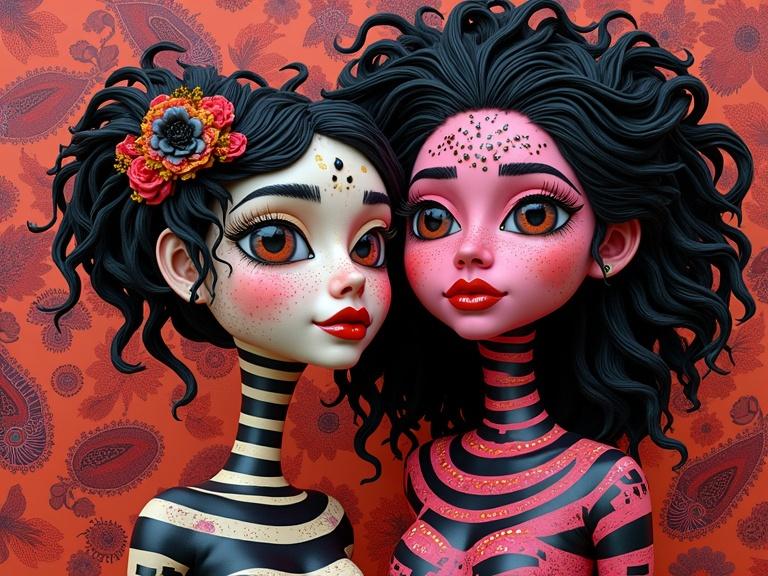 A whimsical 3D representation of two characters with contrasting skin patterns. The black and pink hues dominate their appearance. The background features lyrical abstract designs in brown and red tones. The art style blends influences from Harlem Renaissance and renowned artists.