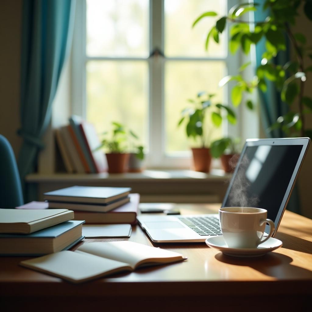 A cozy study space featuring a laptop, coffee cup, and books. Natural light streams through a window with potted plants in the background. The desk is organized with notebooks and open books.