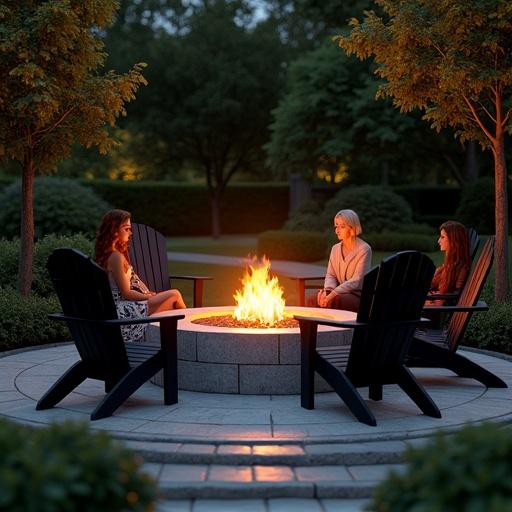 Photograph of a tranquil outdoor fire pit scene at dusk. Centerpiece is a stone fire pit with warm, bright flames. Three women relax in black Adirondack chairs, surrounded by a lush green garden and trees with autumn colors.