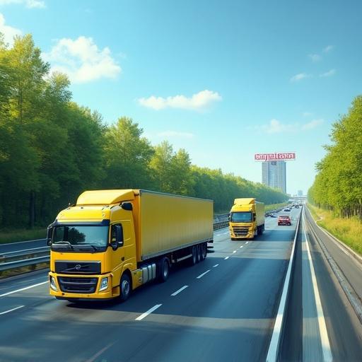 Wide highway with a yellow bus and several large trucks driving. Yellow bus positioned at the lower left and trucks on the right. Background has green trees and blue sky. Tall building with red sign saying CRYPTOCRO is visible in the distance. Realistic style with bright light and dynamic atmosphere.