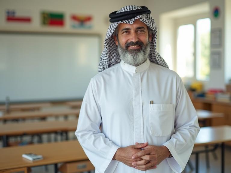 A male Omani teacher stands confidently smiling inside a modern classroom. He wears traditional Omani attire: a white dishdasha with embroidery and a muzzar in silver and deep blue. A khanjar is secured on a leather belt. Classroom features include a smartboard, student desks, and colorful materials. Natural light streams through large windows. Cinematic and ultra-realistic portrait.