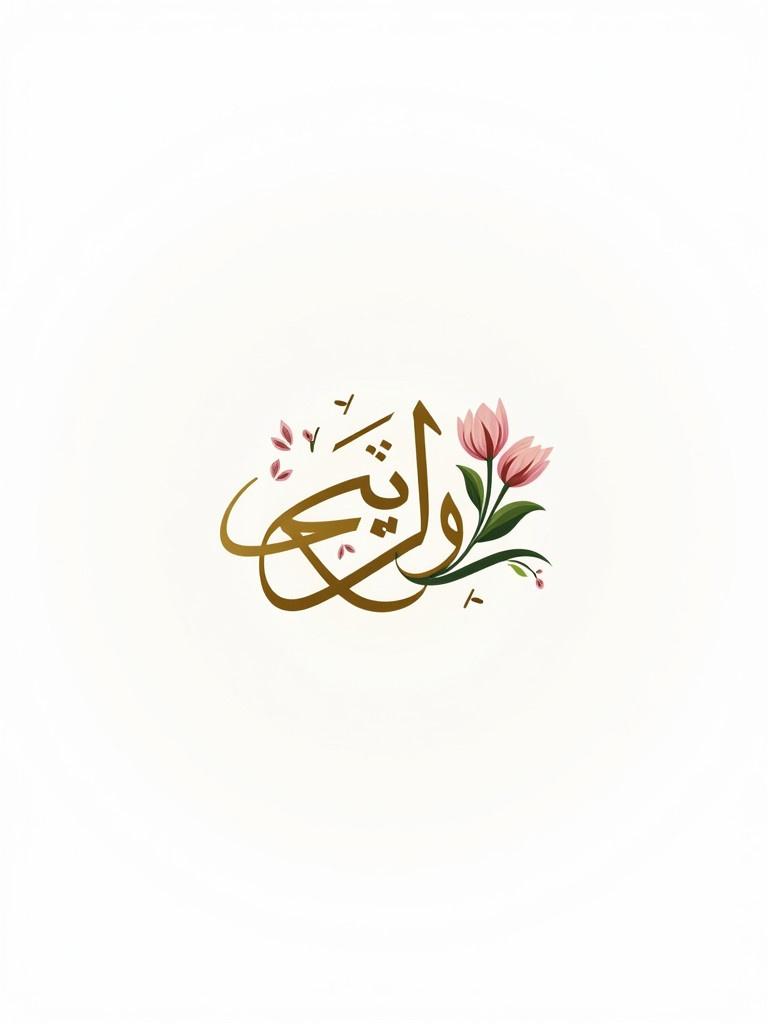 Modern Arabic calligraphy logo design features phrase 'بورصة الزهور'. Elegant integration of natural flower elements is visible. Harmonious flowing text styled in Thuluth or Diwani. Dynamic balanced calligraphy showcases golden and green accents with soft pink flowers. Versatile design presented on white background.