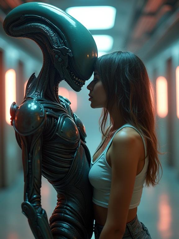An alien character interacting with a girl in a crop top in a futuristic corridor. The girl and alien are facing each other. The corridor has soft glowing lights and fog trails. The atmosphere is intimate with reflective metal surfaces.