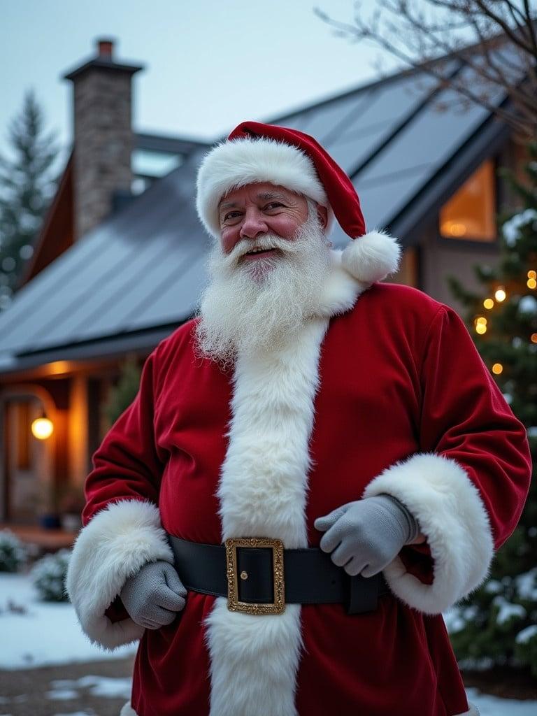 Santa Claus stands in front of a luxury home that has solar panels on the roof. The scene is set during winter with some snow on the ground. The atmosphere is festive and cheerful.