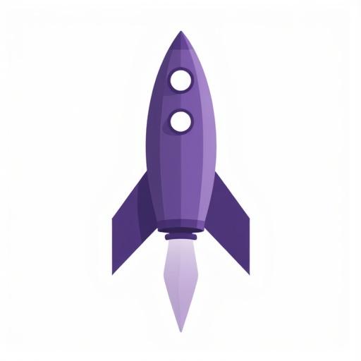 Simple 2D logo featuring a modern rocket on white. Stylized design with smooth curves. Deep violet color used throughout. Flat design without text or details. Clean and high contrast look suitable for tech branding.