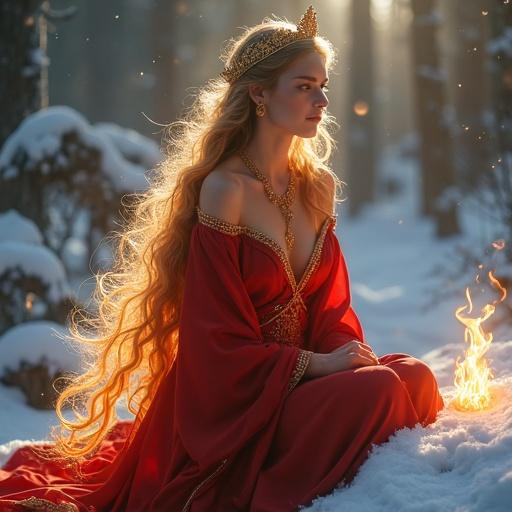 Mature female fire spirit seated on snow-covered rock in mystical forest. She has long flowing hair resembling flames. Wearing deep crimson silk robe exposing one shoulder. Jewelry with lantern motif. Gentle flames surround her. Expression is calm and loving.