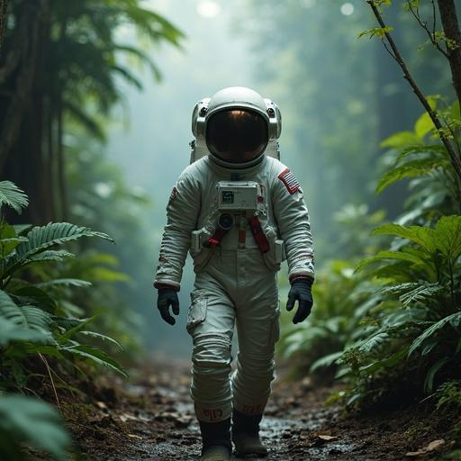 An astronaut wearing a space suit walking through a jungle path surrounded by tall green plants and trees. The scene is lush and vibrant, with soft sunlight filtering through the leaves.