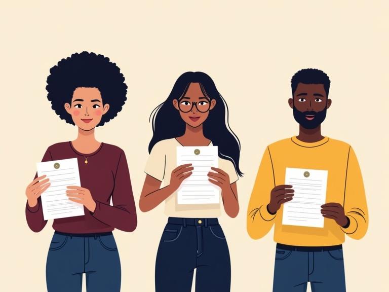 Illustration shows three people with diverse body shapes holding voting ballots. Colors include navy blue maroons and pale yellow.
