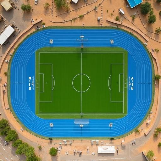 Aerial view of a football stadium. Vibrant green pitch with white goalposts and field markings. Surrounded by a bright blue running track. Desert environment with sparse vegetation and low-rise buildings. Daytime lighting with clear skies. High angle capturing the stadium complex.