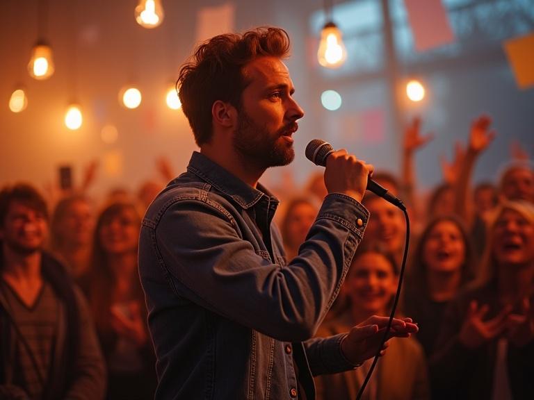 Young man sings on stage with a microphone. Happy audience cheers with raised hands. Ambient warm lighting enhances the lively atmosphere. Focus on the singer and lively crowd.