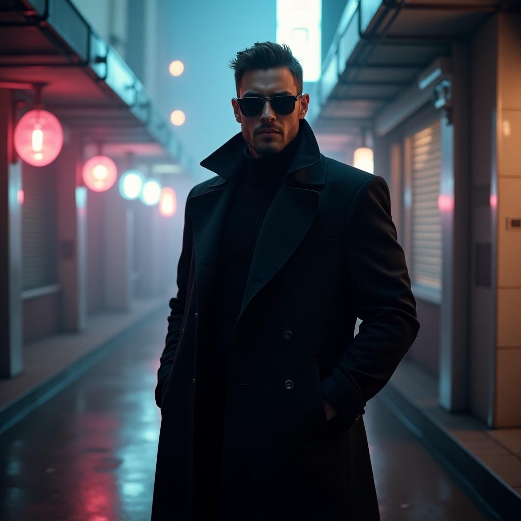 Image of a male character wearing a long black coat and sunglasses standing in a futuristic urban city. The setting features neon lights and a moody atmosphere. Character poses dramatically.