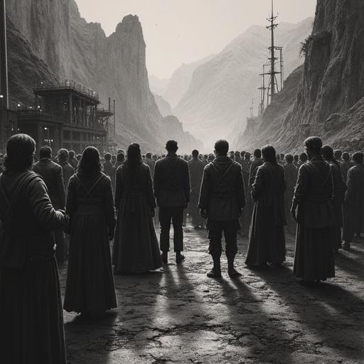 Charcoal drawing of diverse individuals in historical and tribal attire. Group appears fearful in abandoned factory setting. Towering mountains in background. Environmental light creates ethereal atmosphere. Strong backlighting shows silhouettes.