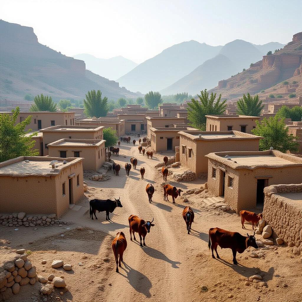 Realistic photo showing a traditional village located in Pakistan. Mud houses are scattered throughout the area. Cattle can be seen roaming near the houses and dirt paths. The backdrop features majestic mountains.