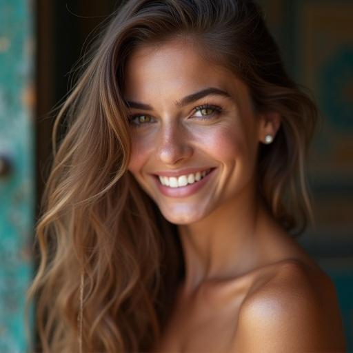 Stunning woman smiling with long hair in a soft, natural setting. Her expression conveys confidence and joy. Great for fashion or beauty-related themes.