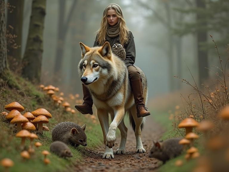 Hyperrealistic photographic image of a young blonde woman riding a wolf. Woman wearing a headscarf. Little owl on woman's shoulder. Natural environment with mushrooms on a path, hedgehog, and mice. Extreme detail and realism emphasized through texture and light.