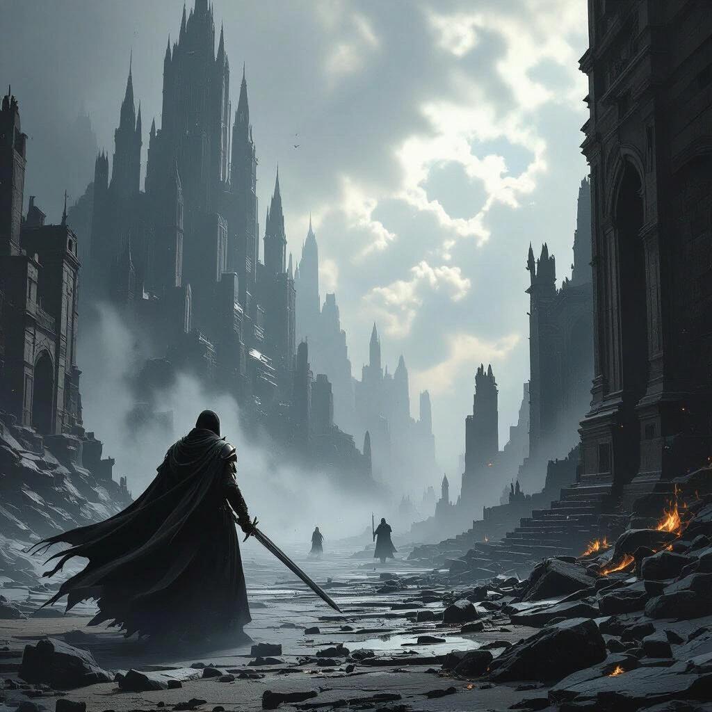 Dark epic scene showcasing a cloaked figure standing on a rocky terrain. Background includes towering gothic structures shrouded in mist. The atmosphere is moody and dramatic, enhancing the fantasy theme.