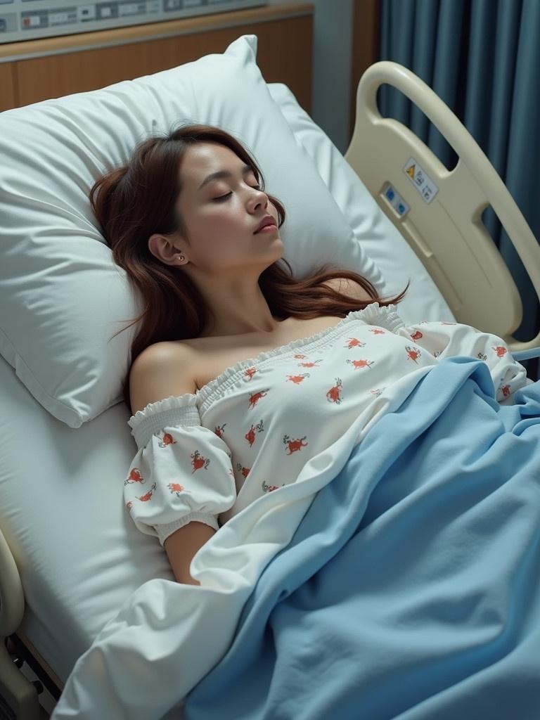 Sleep in hospital bed. Patient wears a floral top. Blankets cover lower body. Hospital room backdrop visible. Calm ambiance creates a serene atmosphere.