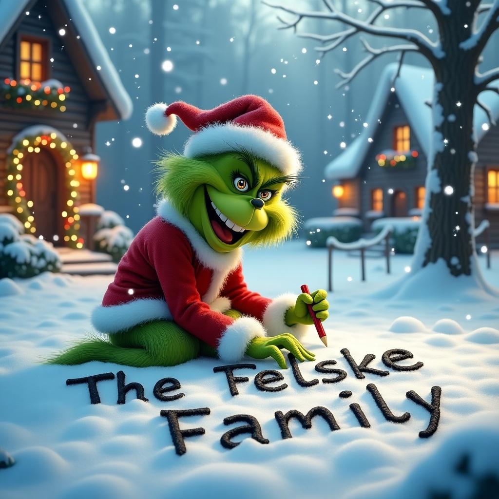 Grinch in a snowy landscape writing The Felske Family in the snow. Dressed in a red and white Christmas outfit. Joyful expression with snowflakes falling. Surrounded by cozy cottages with warm lights. Evokes creativity and holiday spirit.