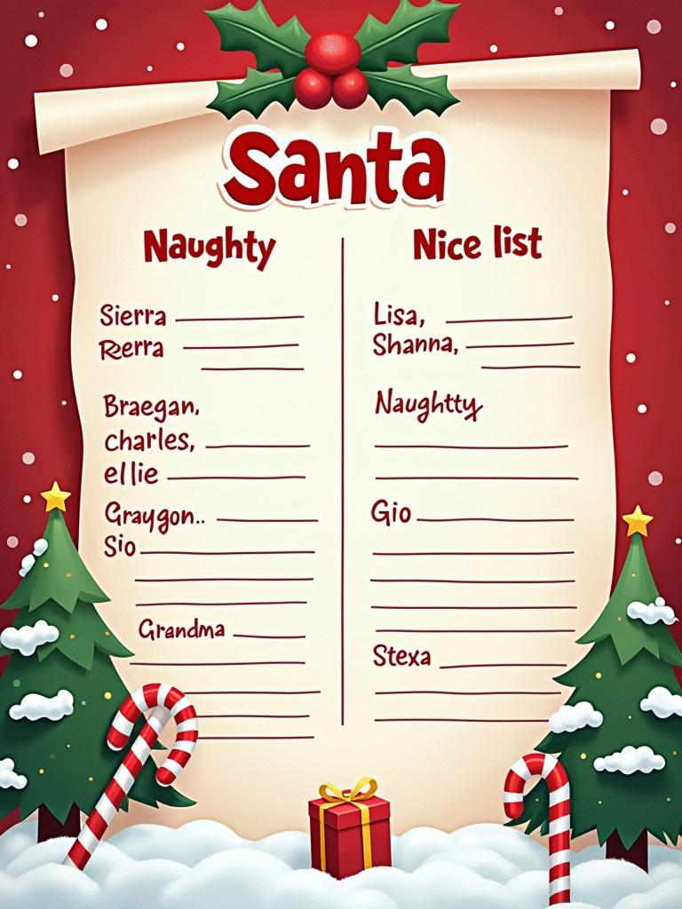 Letter from Santa displays Naughty and Nice list. Names written on each side. Christmas-themed decorations enhance the presentation.