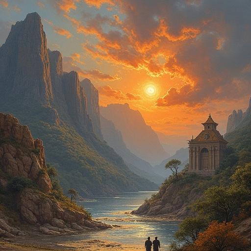 Landscape featuring a river with mountains and a temple at sunset. Two figures are walking towards the temple. The scene is tranquil yet mystical, evoking a sense of adventure and exploration.