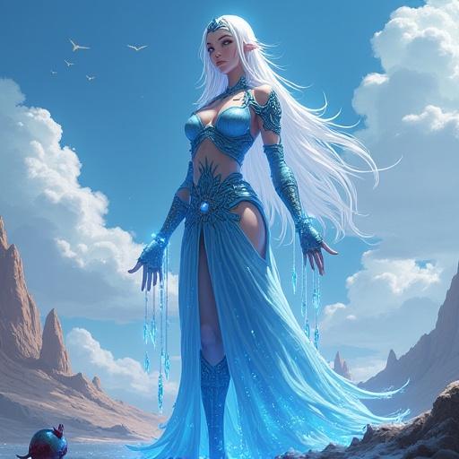 3D low-poly character design of a female humanoid for MMORPG. Character has opalescent skin with temporal waves and swirling starry eyes. Hair flows like waterfalls with crystal tips. Character stands naturally with defined anatomy in underwear for modeling purposes.