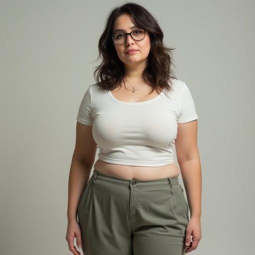 Full-length image of a woman standing straight. She has a curvy body and shoulder-length dark brown hair. No makeup or accessories on her face except for eyeglasses. She wears a crop top and pants. Arms at her sides. Appears confident and relaxed. Her features include a prominent hook nose and a pale complexion.