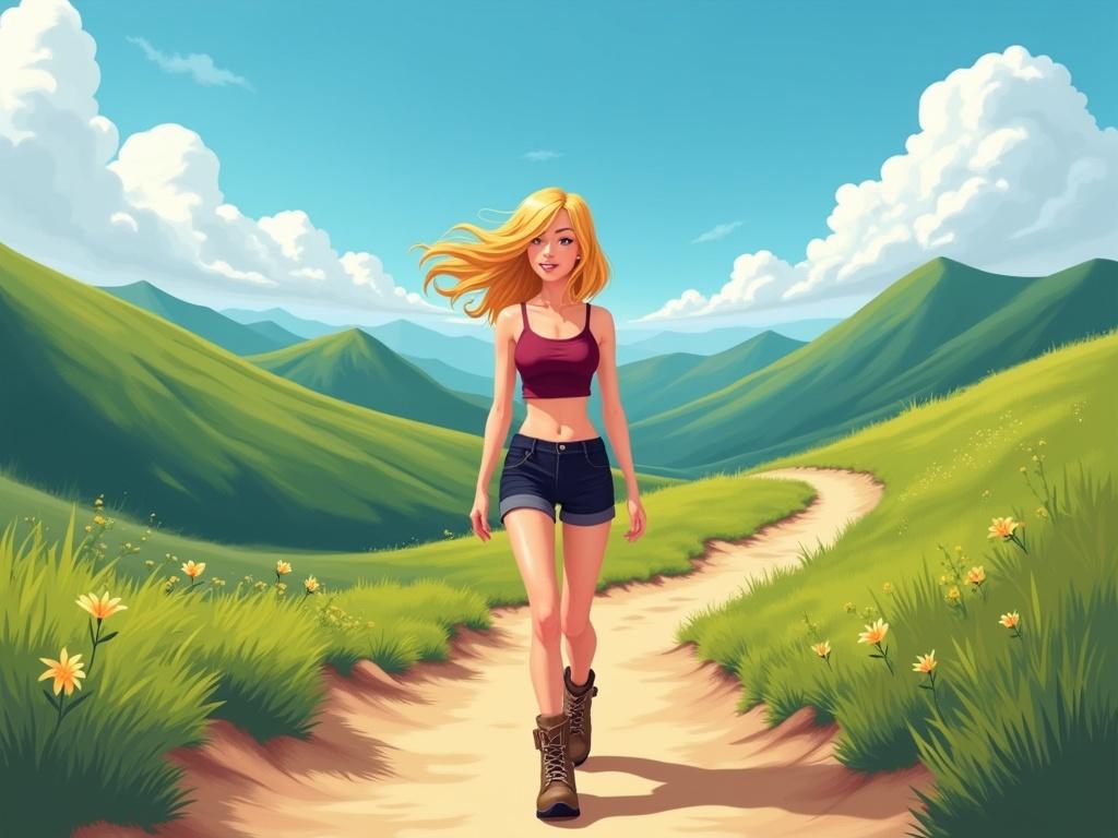 A young woman with blonde hair walks along a sandy trail in a vibrant, lush mountainous landscape. She appears to be in her 20s and is wearing a maroon crop top and short black shorts, with rugged boots. The background showcases rolling green hills under a bright blue sky dotted with fluffy clouds, creating a warm and adventurous atmosphere. The composition emphasizes her journey through nature, capturing the expansive beauty surrounding her.