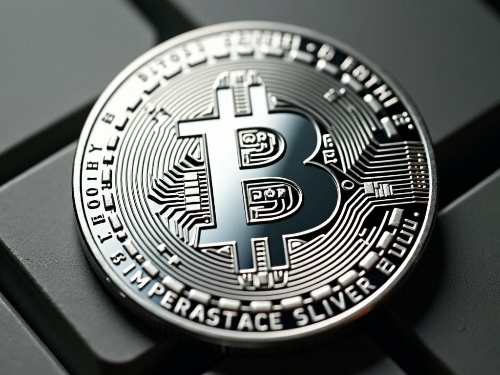 This image features a close-up view of a silver Bitcoin coin. The coin has intricate circuit-like patterns, showcasing its high-tech design. The Bitcoin logo is prominently displayed in the center, shining under soft lighting. The background is a blurred keyboard, providing context to the digital world of cryptocurrency. This striking image captures the essence and value of Bitcoin as a leading digital currency.