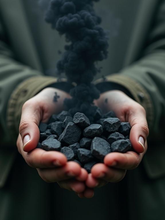 Close-up of human hands holding dark sharp-edged stones. Stones dissolve into black smoke as they fall. The act symbolizes release of burdens. Atmosphere embodies relief and faith. Highly detailed cinematic style.