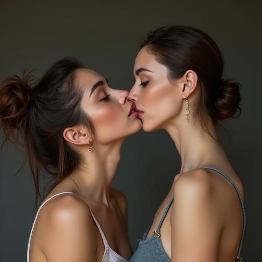 A close-up image of two women with an intimate expression. They are kissing softly, with the main focus on their faces. The women appear natural with messy hair and no makeup. The setting is soft and relaxed, under warm lighting.