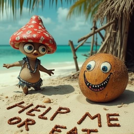 A wild-eyed mushroom with a red and white cap wearing a ragged Hawaiian shirt is on a deserted tropical island. The mushroom yells at a coconut with a smiley face beside it. A flimsy shelter made of sticks and palm leaves is in the background. The words HELP ME OR EAT ME are spelled in seashells on the beach sand. The scene appears cinematic and chaotic.
