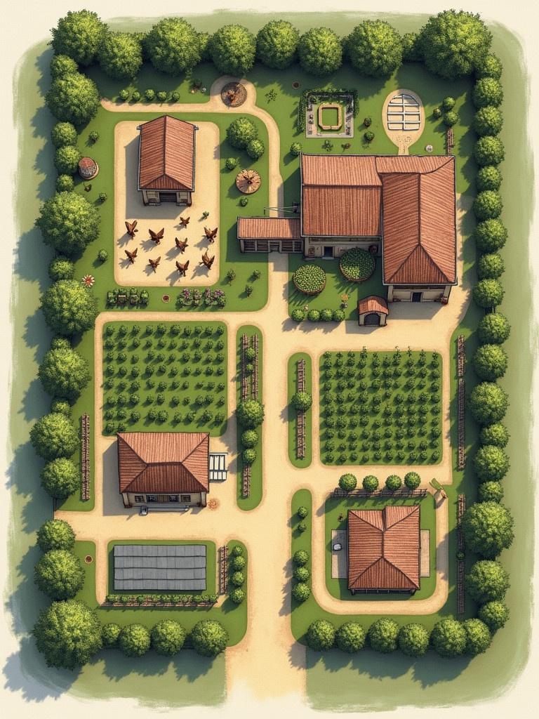 Layout of a 10-acre farm. Five main sections including dairy for chicken. Horticulture section with olive trees. Crop production area with plots. Event area in rustic Italian design. Pathways for movement throughout the farm. Each area has specified dimensions.