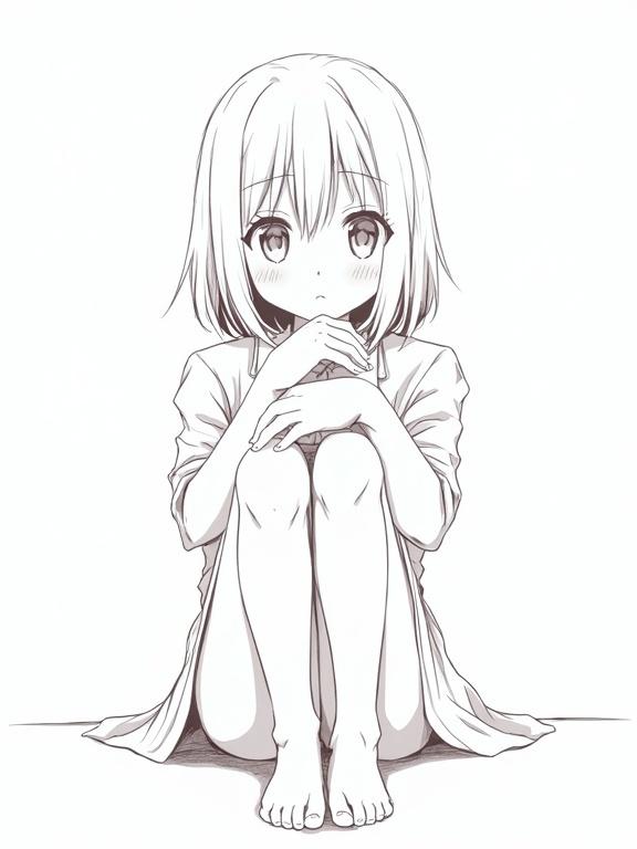 A girl sitting on the ground with crossed legs. She has a bored expression. Drawing is in monochrome style. The girl is wearing a loose shirt. Hands placed thoughtfully on her chin. She has straight hair.