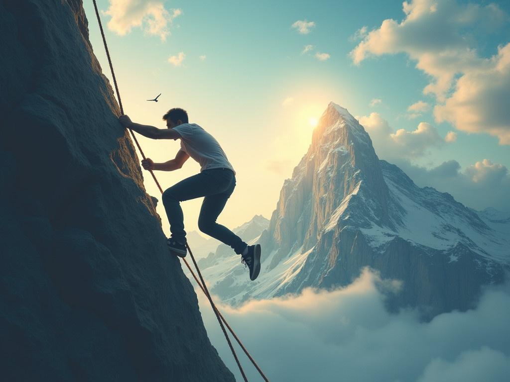 Two strong arms grip a thick rope tightly as a person attempts to climb a steep mountain side. This scene illustrates the struggle and determination needed to overcome challenges. The mountain rises high with a bright light shining at the top, symbolizing hope and achievement. Wisps of clouds surround the cliff, adding to the sense of altitude and the effort required. Birds can be seen flying high above, representing freedom and the possibility of success.