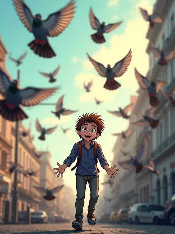 Flock of pigeons flying toward the camera. A person with messy hair and a backpack appears surprised, arms outstretched. Birds in dynamic flight create a motion blur. Urban environment with buildings in the background.