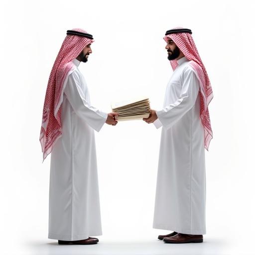 Photorealistic image of two Saudi men in white thobes and red-and-white shemaghs. One man hands documents to the other. Both appear serious and professional, facing each other. Clean white background with soft lighting. Culturally accurate and business-appropriate setting.