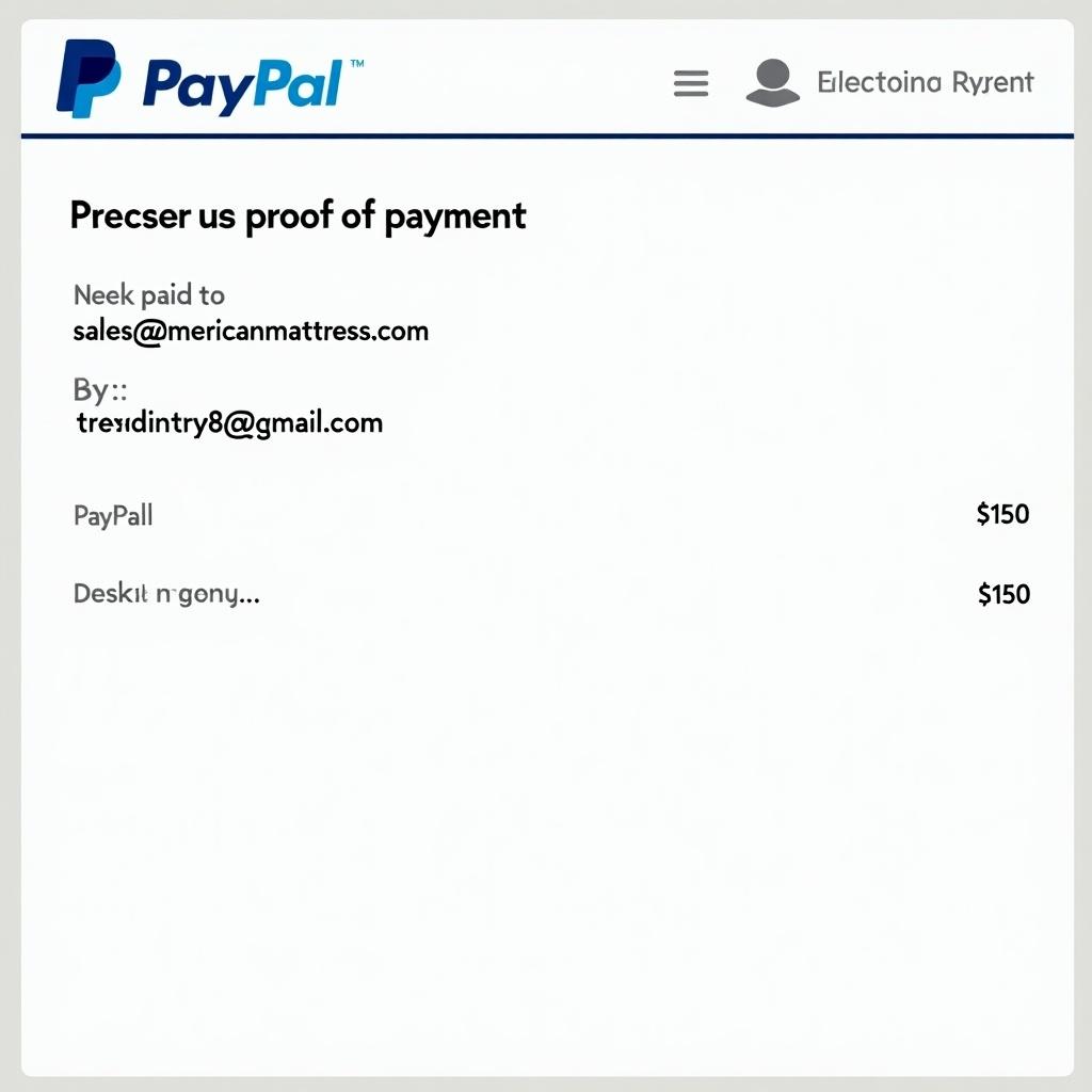 Screenshot of a PayPal payment proof. Amount of $150 paid to sales@americanmattress.com by trevianterry8@gmail.com. Design includes PayPal logo and layout.