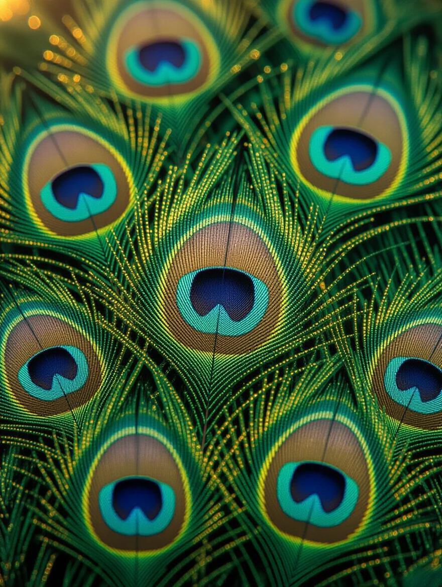 Close-up abstract composition of overlapping peacock feather barbules. Features emerald green teal and translucent amber tones. Captivating patterns fill the frame top to bottom. Warm radiant lighting enhances the shimmer. Metallic gold outlines add luxury. Smooth glossy textures reveal color variations. Low viewpoint showcases feather complexity. Overall mood exudes wonder and opulence.