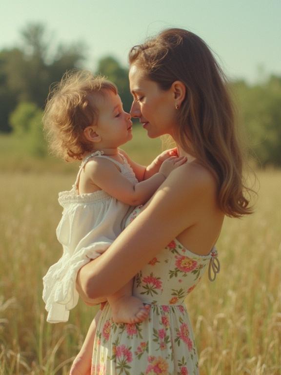 Mother embraces daughter in a sunny field. Both appear with a soft focus. Mother wears a floral sundress. Scene evokes nostalgia and warmth. Image has a blurry and pixelated quality resembling early digital photos.